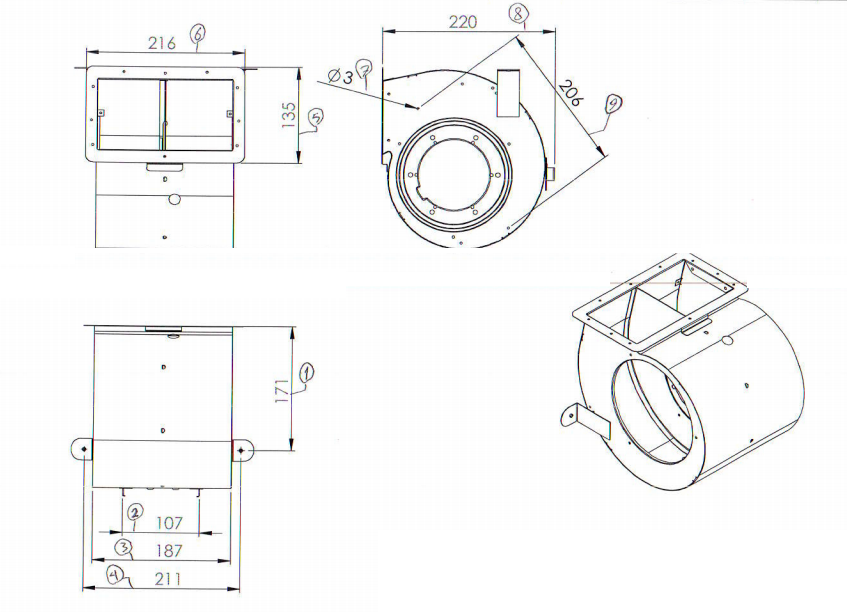 EKF02 fan blower for range hoods size map